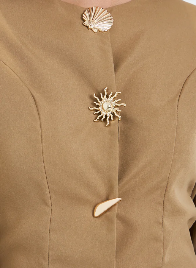 Styli Women Metal Button Accent Long Top and Pants Co-Ords